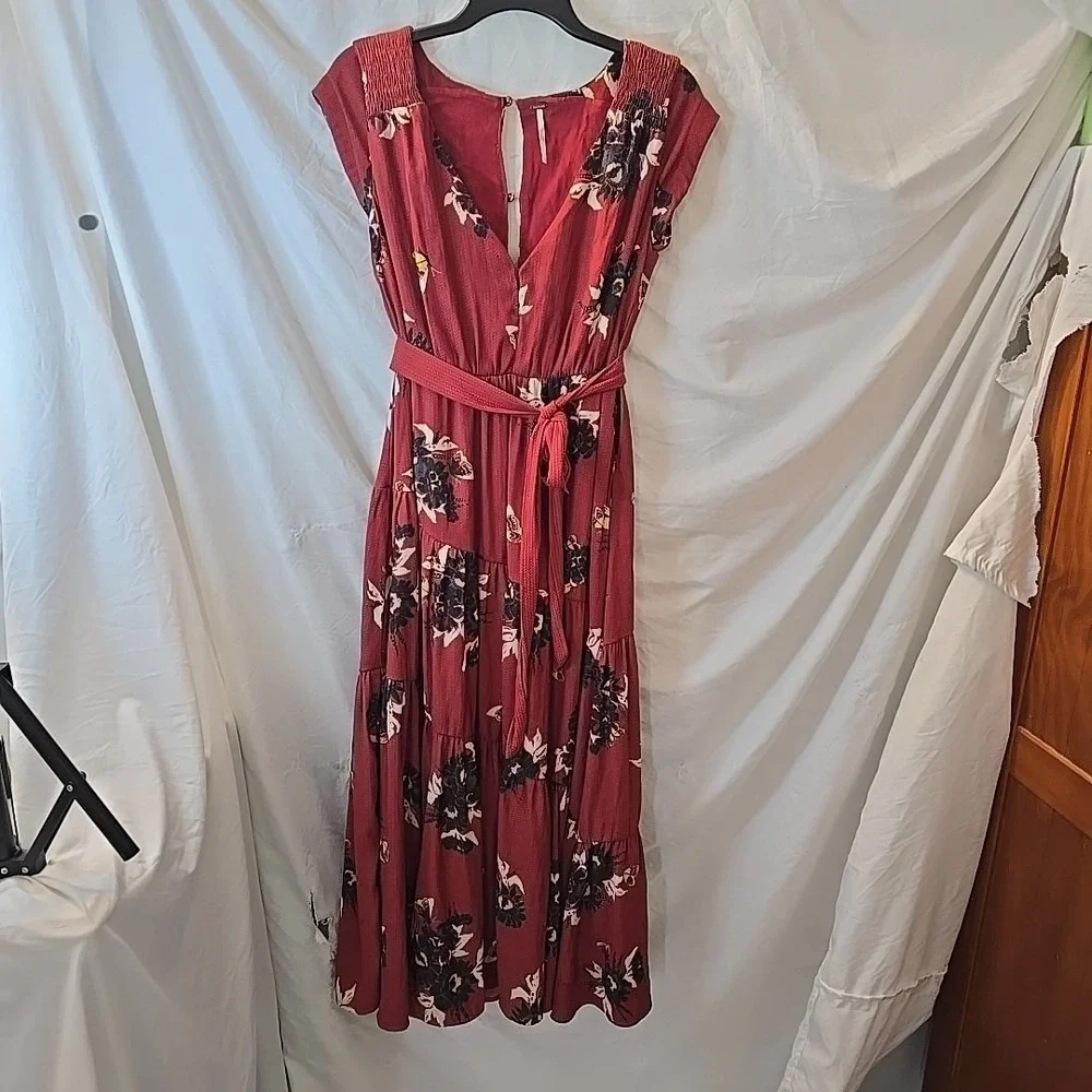 Free People All I Got Tiered Maxi Dress Size 0 Rust Butterfly Floral Front‎ Tie
